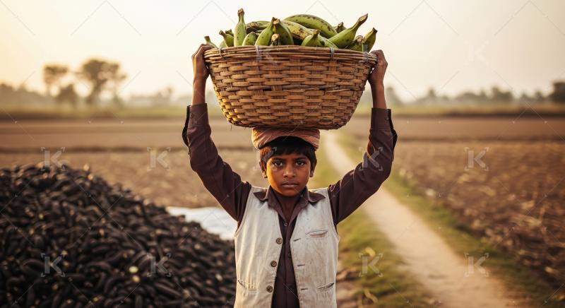 A young Indian boy balances a large basket of bananas on his hea
