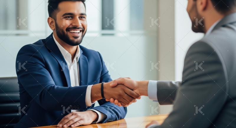 A confident businessman smiles and shakes hands during an office