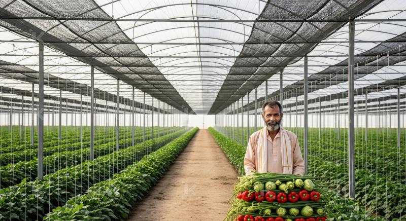 A farmer stands in a modern greenhouse displays baskets of fresh