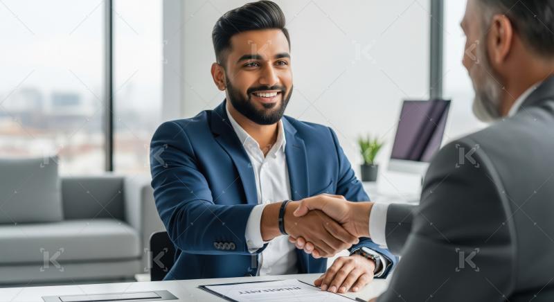 A confident businessman smiles and shakes hands during an office