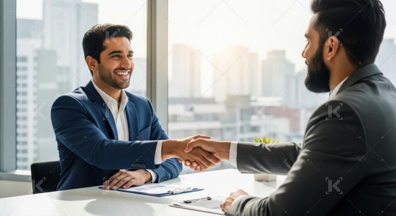 A confident businessman smiles and shakes hands during an office
