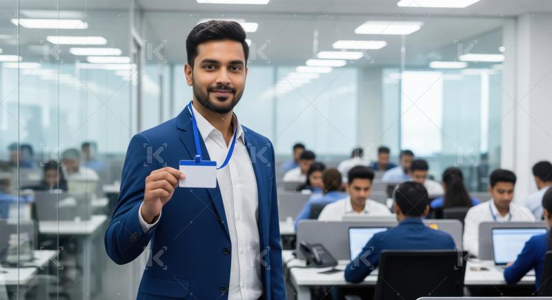 A confident young professional in blue suit displays his ID badg
