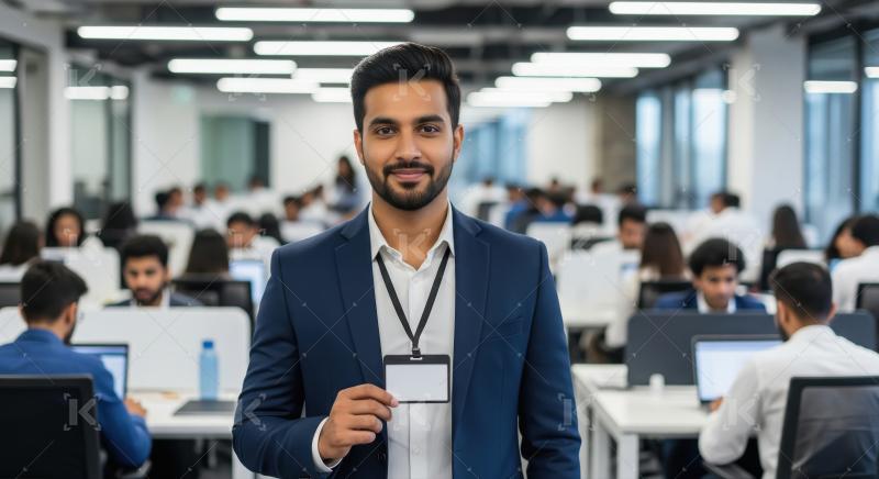 A confident young professional in blue suit displays his ID badg