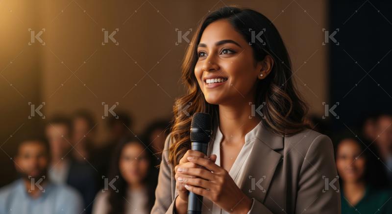 Indian businesswoman in a beige blazer speaks confidently into a