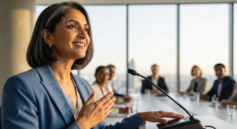 Indian businesswoman in a beige blazer speaks confidently into a