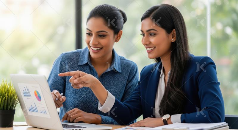 Two professional women engage in a positive discussion over a la