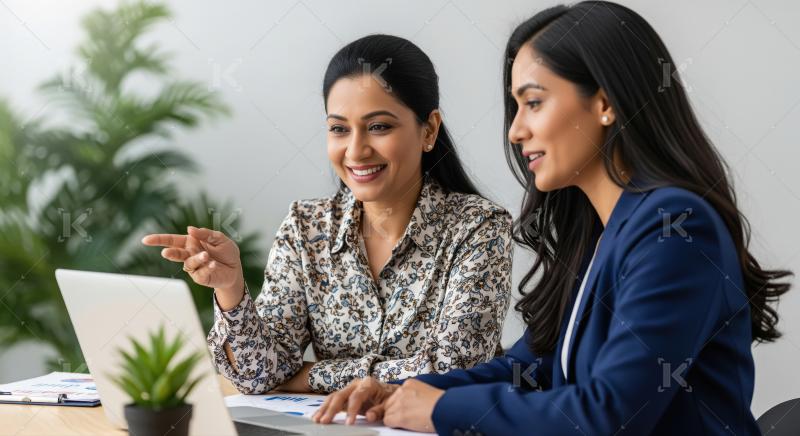 Two professional women engage in a positive discussion over a la