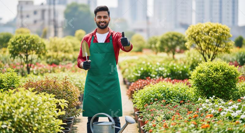 Indian man carefully prunes a tree in a garden, demonstrating at