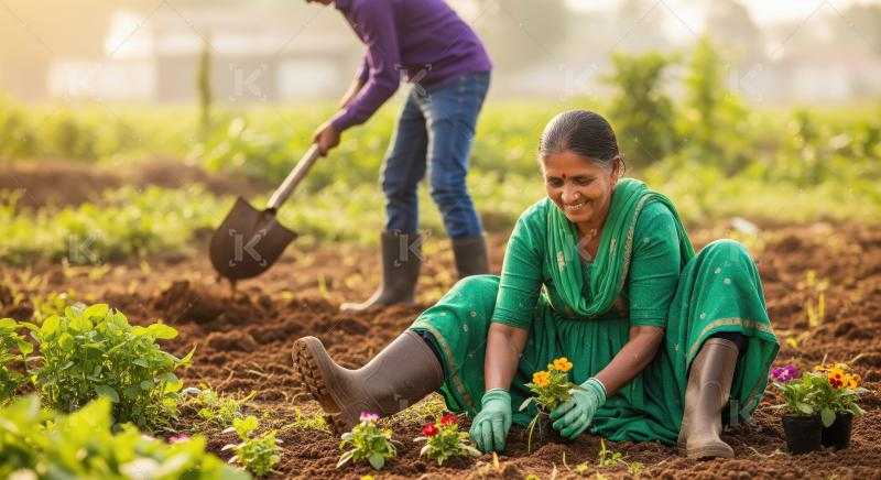 An elderly woman farmer in boots and gloves tends to young crops