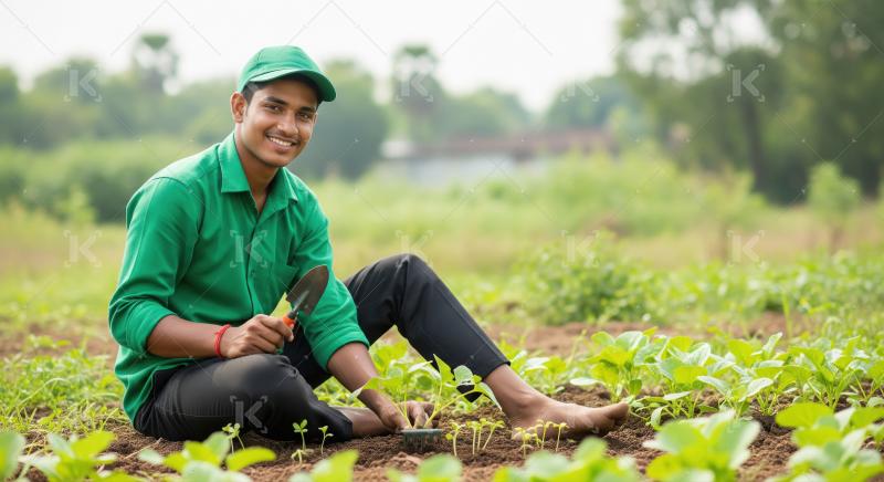 A young man in green clothing uses a small spade to plant seedli