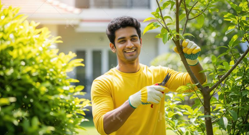 A young man wearing yellow and gloves carefully prunes tree bran