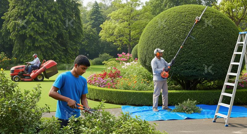 A team of gardeners carefully trims hedges, shapes topiary, and