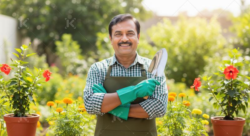 Indian man carefully prunes a tree in a garden, demonstrating at