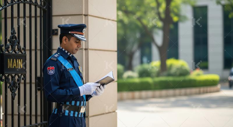 A security officer in a dark uniform monitors surveillance scree