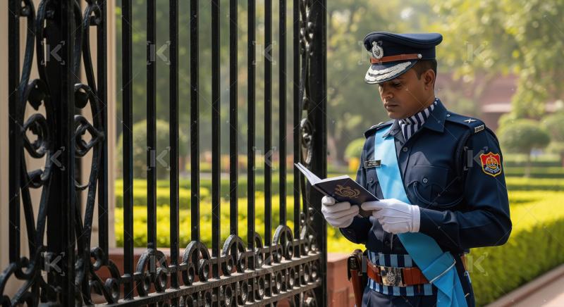 A security officer in a dark uniform monitors surveillance scree