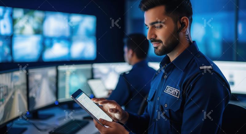 A security officer in a dark uniform monitors surveillance scree