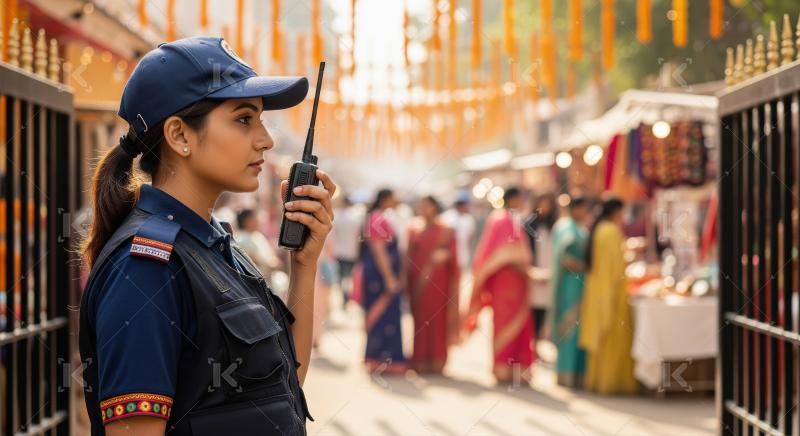 A female security officer in uniform monitors a festive outdoor