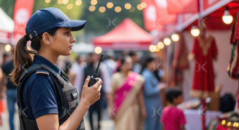 A female security officer in uniform monitors a festive outdoor