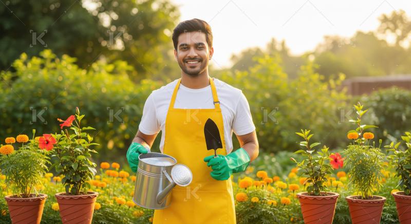 Indian man carefully prunes a tree in a garden, demonstrating at
