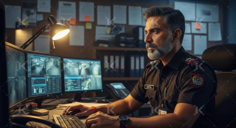A senior officer sits confidently at a desk filled with paperwor