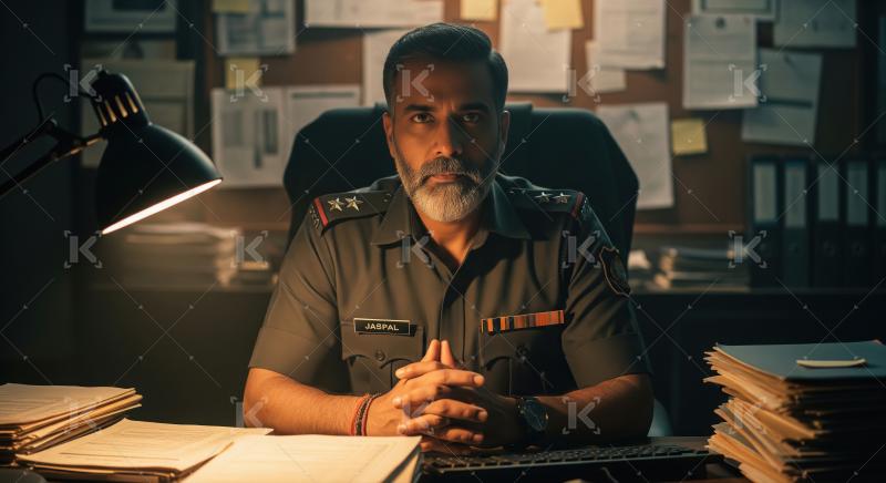 A senior officer sits confidently at a desk filled with paperwor