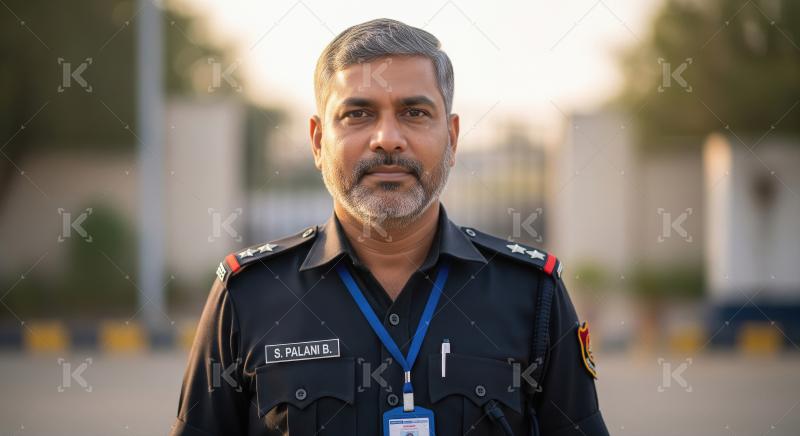 A security officer in a light blue uniform stands confidently