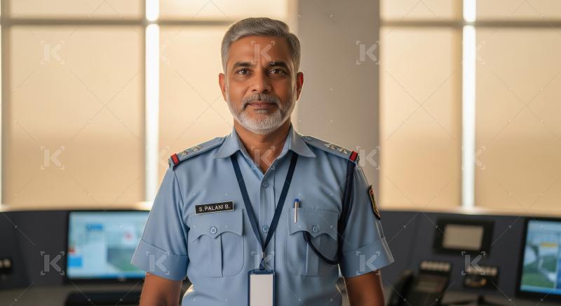 A security officer in a light blue uniform stands confidently