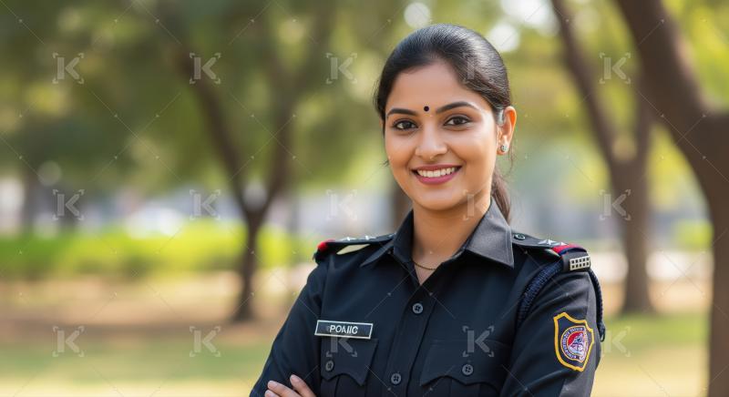 A confident female security officer in a black uniform stands wi