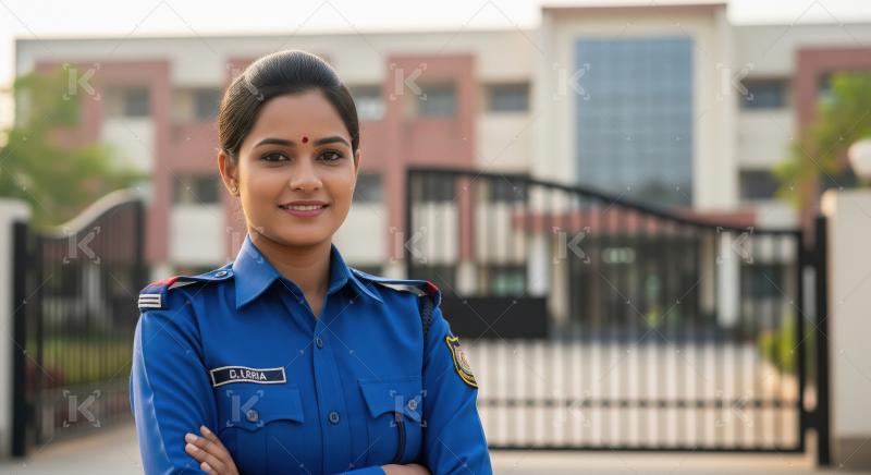 A confident female security officer in a black uniform stands wi