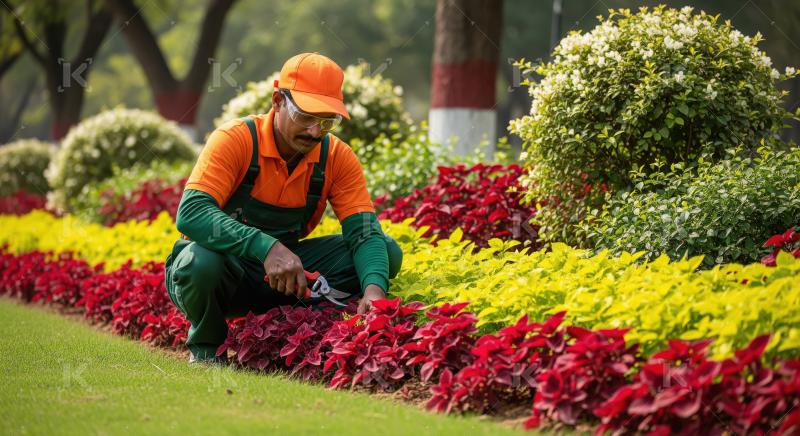 Indian man carefully prunes a tree in a garden, demonstrating at