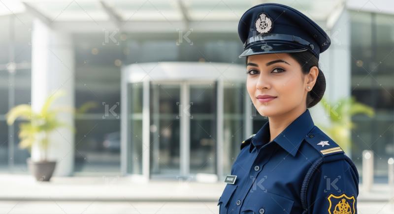 A confident female security officer in a black uniform stands wi