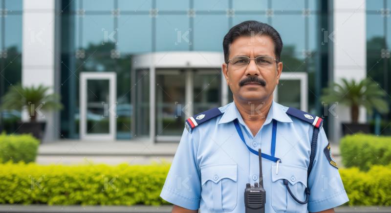 A security officer in a light blue uniform stands confidently