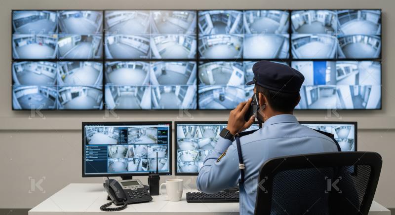 A security officer in uniform monitors multiple surveillance cam
