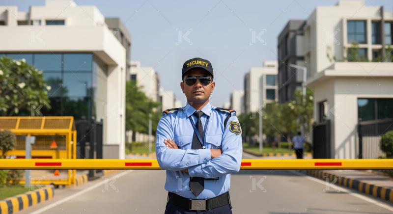 A security officer in a light blue uniform stands confidently