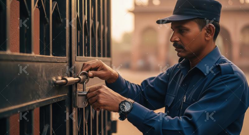 A security guard in a dark uniform securely closes a large metal
