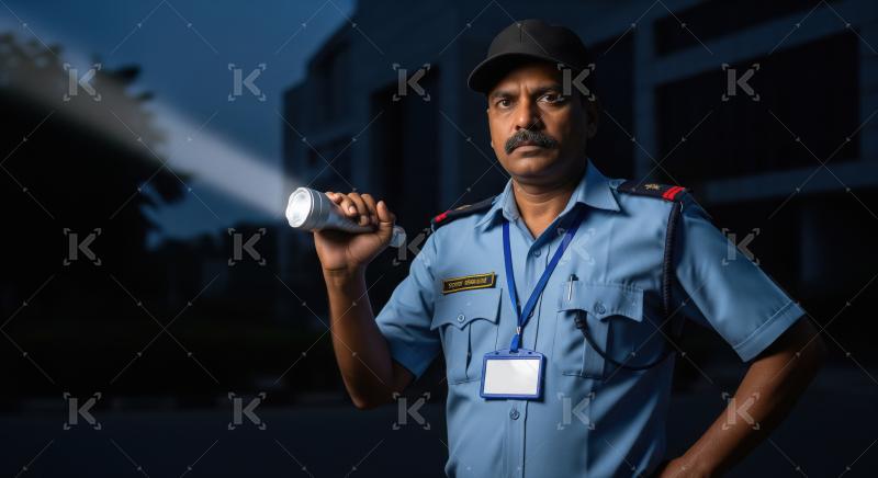 A security officer in uniform performs a night patrol with a fla