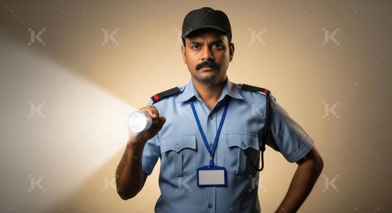 A security officer in uniform performs a night patrol with a fla