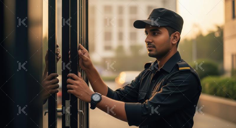 A security guard in a dark uniform securely closes a large metal