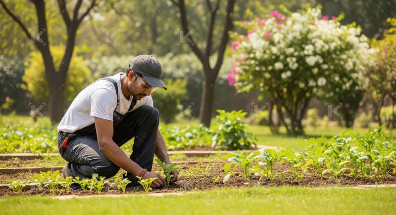 Indian man carefully prunes a tree in a garden, demonstrating at