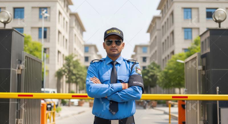 A security officer in a light blue uniform stands confidently