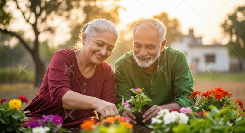 An elderly couple joyfully plants blooming flowers together in a