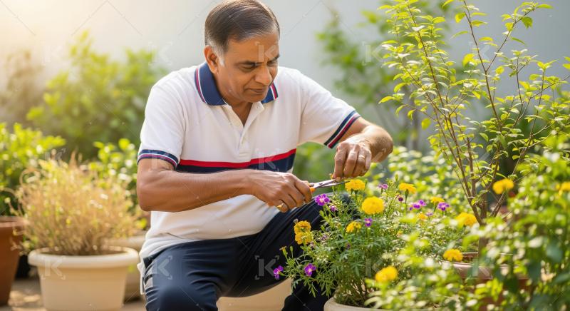 Indian man carefully prunes a tree in a garden, demonstrating at