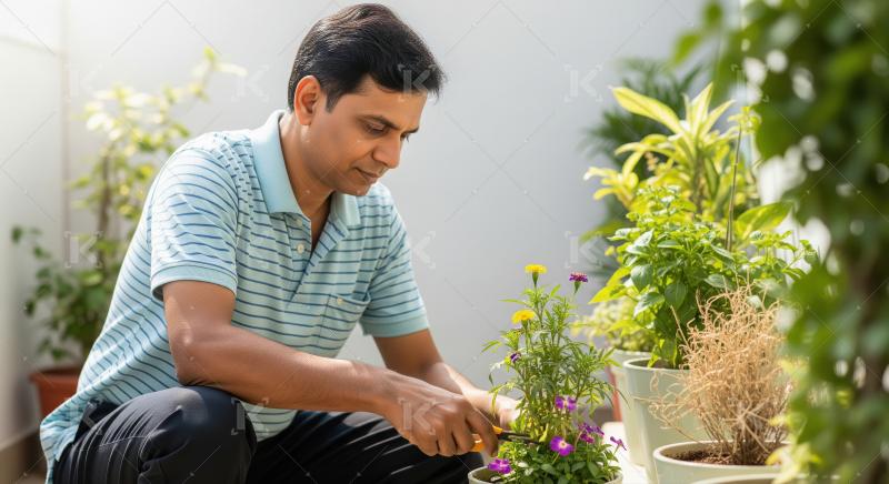 Indian man carefully prunes a tree in a garden, demonstrating at