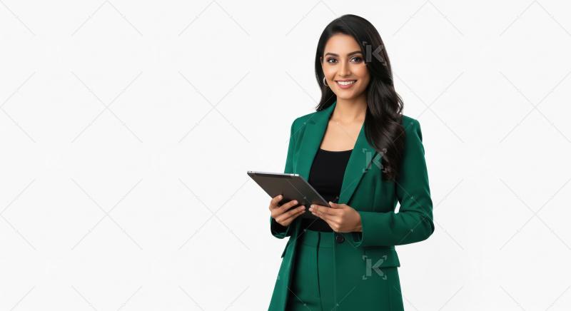 A confident young Indian businesswoman in a stylish green suit h