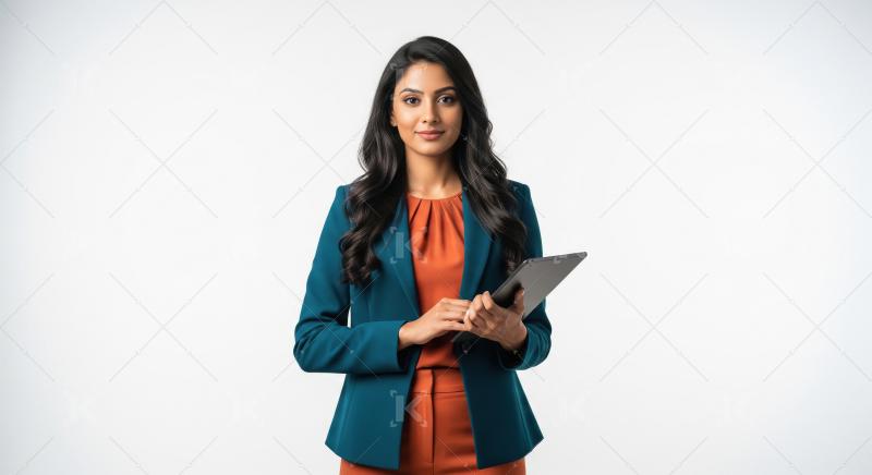 A confident young Indian woman in a teal blazer and orange dress