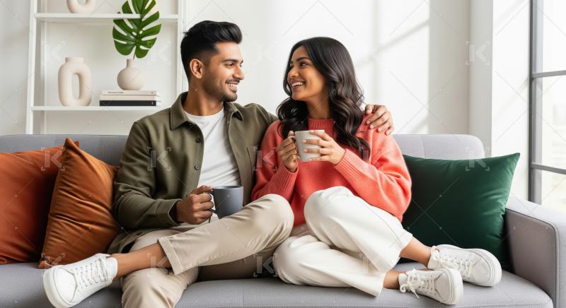 A joyful and affectionate young Indian couple sits closely on a