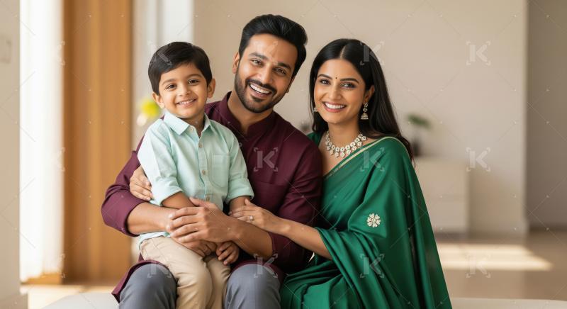 A joyful and loving Indian family mother in a green sari, father