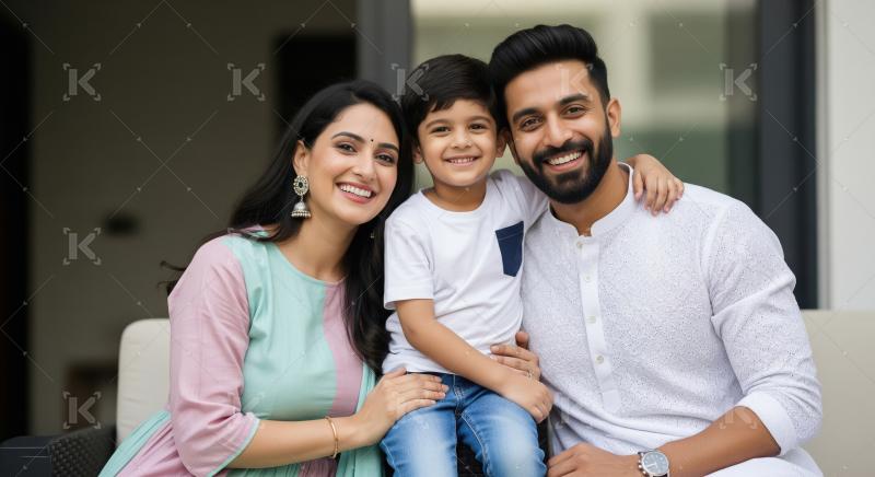 A joyful Indian family mother, father, and son sit closely toget