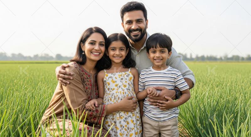 A joyful Indian family of four mother, father, daughter, and son
