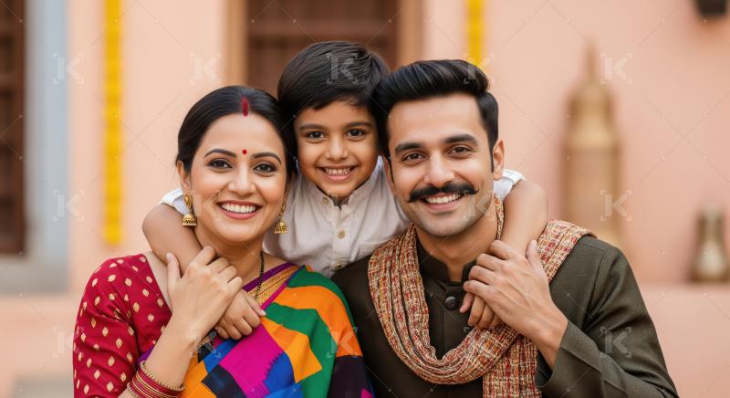 A joyful Indian family mother, father, and son sit closely toget